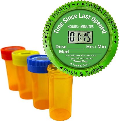 Picture of TimerCap Automatically Displays Time Since Last Opened - Built-in Stopwatch Smart Pill Bottle Cap Medication Reminder Case ( Qty 4 - 1.8 oz Amber Bottles) CRC