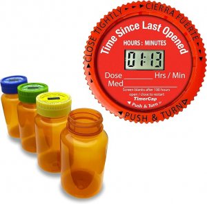 TimerCap Automatically Displays Time Since Last Opened - Built-in Stopwatch Smart Pill Bottle Cap Medication Reminder Case (Qty 4-4.0 oz Amber Bottles) CRC