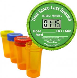 TimerCap Automatically Displays Time Since Last Opened - Built-in Stopwatch Smart Pill Bottle Cap Medication Reminder Case (Qty 4-1.8 oz Amber Bottles) EZ-Twist