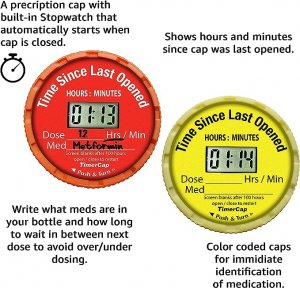 TimerCap Automatically Displays Time Since Last Opened - Built-in Stopwatch Smart Pill Bottle Cap Medication Reminder Case (Qty 2-1.8 oz Amber Bottles) EZ-Twist