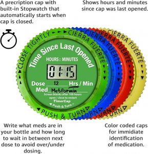 TimerCap Automatically Displays Time Since Last Opened - Built-in Stopwatch Smart Pill Bottle Cap Medication Reminder Case ( Qty 4 - 1.8 oz Amber Bottles) CRC